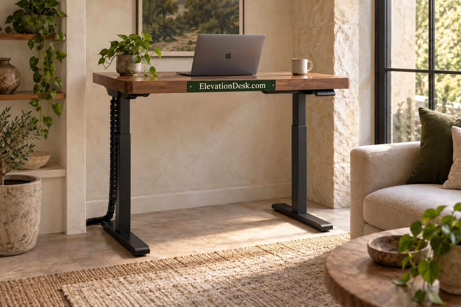 Compact adjustable desk in a shared-use home room