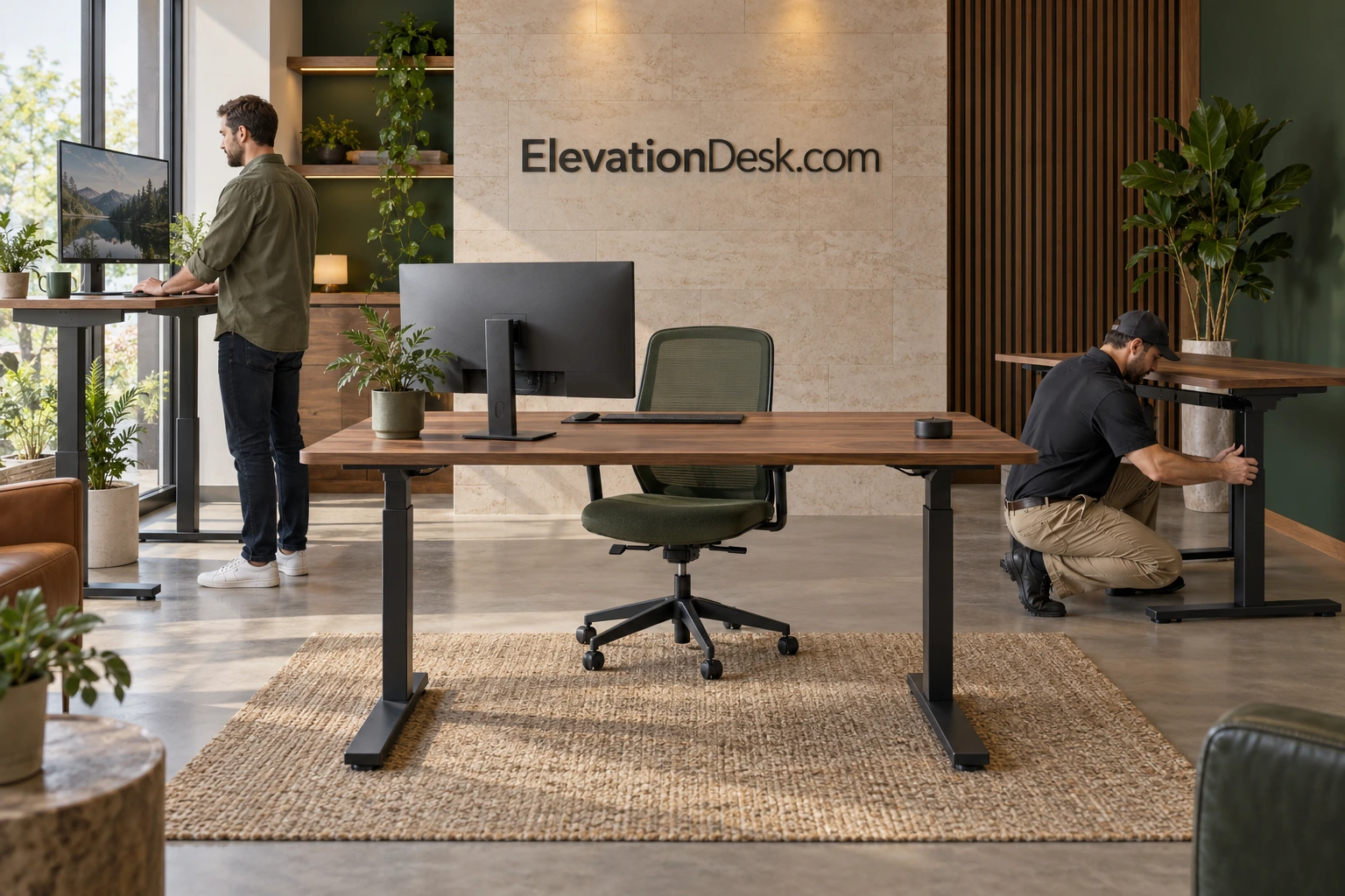 Small office installation with coordinated standing desks