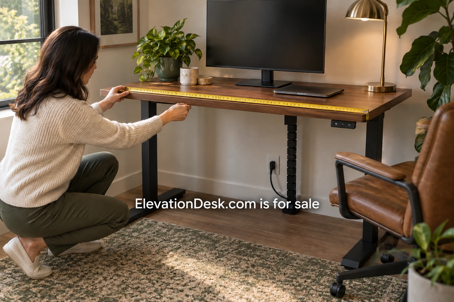A person measuring the footprint of a standing desk in a home office